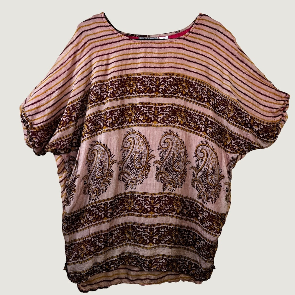 Vintage Select 100% Silk Paisley Striped Oversized Dolman Sleeve Blouse 1X Pink